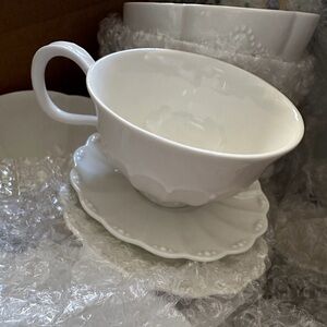 Set of (4) Elegant White Teacup and Saucer Set